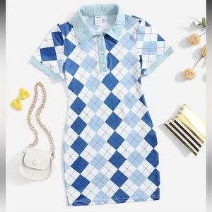 Chic Blue Argyle Kids Casual Dress